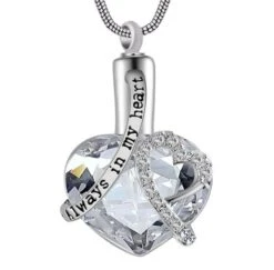 Always In My Heart Clear - Premium White Gold Plated Stainless Steel Cremation Ashes Jewellery Urn Pendant