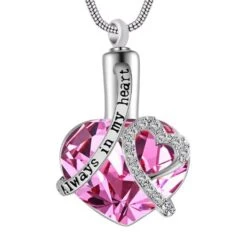 Always In My Heart Pink - Premium White Gold Plated Stainless Steel Cremation Ashes Jewellery Urn Pendant