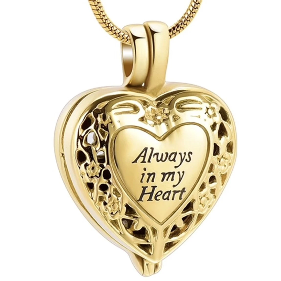 Always In My Heart Urn Locket - Gold Stainless Steel Cremation Ashes Jewellery Urn Pendant 3 Always In My Heart Urn Locket - Gold Stainless Steel Cremation Ashes Jewellery Urn Pendant