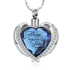 Always On My Mind Blue Crystal Heart - Stainless Steel Cremation Ashes Jewellery Urn Pendant