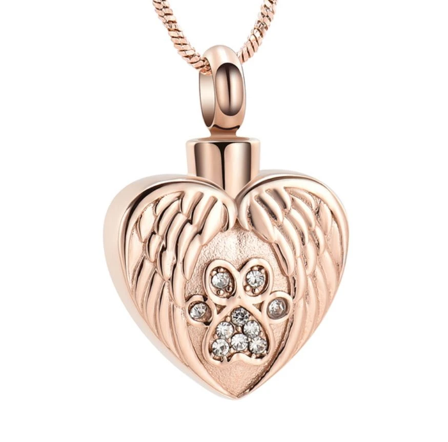 Angel Wings Paw Heart Rose Gold - Stainless Steel Cremation Ashes Jewellery Urn Pendant 3 Angel Wings Paw Heart Rose Gold - Stainless Steel Cremation Ashes Jewellery Urn Pendant