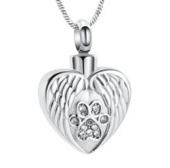 Angel Wings Paw Heart - Stainless Steel Cremation Ashes Jewellery Urn Pendant