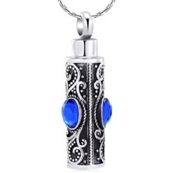 Antiqued Regal Sapphire Cylinder - Stainless Steel Cremation Ashes Urn Pendant
