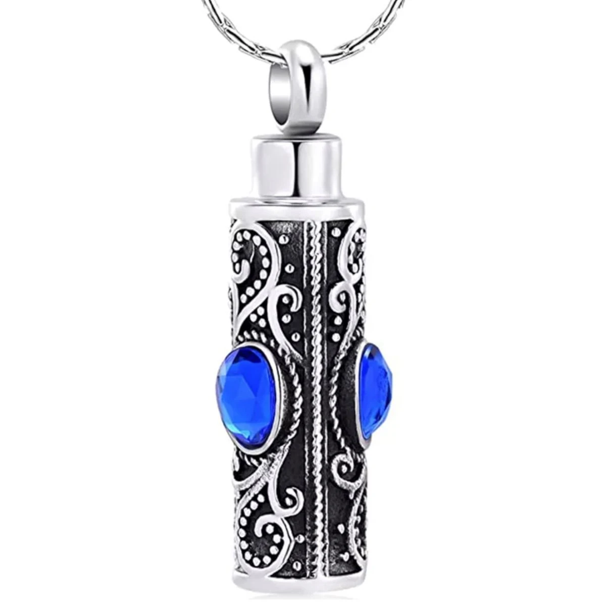 Antiqued Regal Sapphire Cylinder - Stainless Steel Cremation Ashes Urn Pendant 3 Antiqued Regal Sapphire Cylinder - Stainless Steel Cremation Ashes Urn Pendant