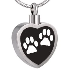 Black Inlay Double Paw Heart - Stainless Steel Pet Ashes Memorial Urn Pendant