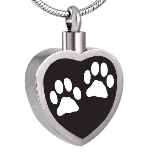 Black Inlay Double Paw Heart - Stainless Steel Pet Ashes Memorial Urn Pendant 3 Black Inlay Double Paw Heart - Stainless Steel Pet Ashes Memorial Urn Pendant