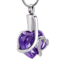 Crystal Amethyst Heart -Stainless Steel Cremation Ashes Jewellery Urn Pendant
