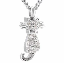 Crystal Cat - Stainless Steel Cremation Ashes Jewellery Urn Pendant