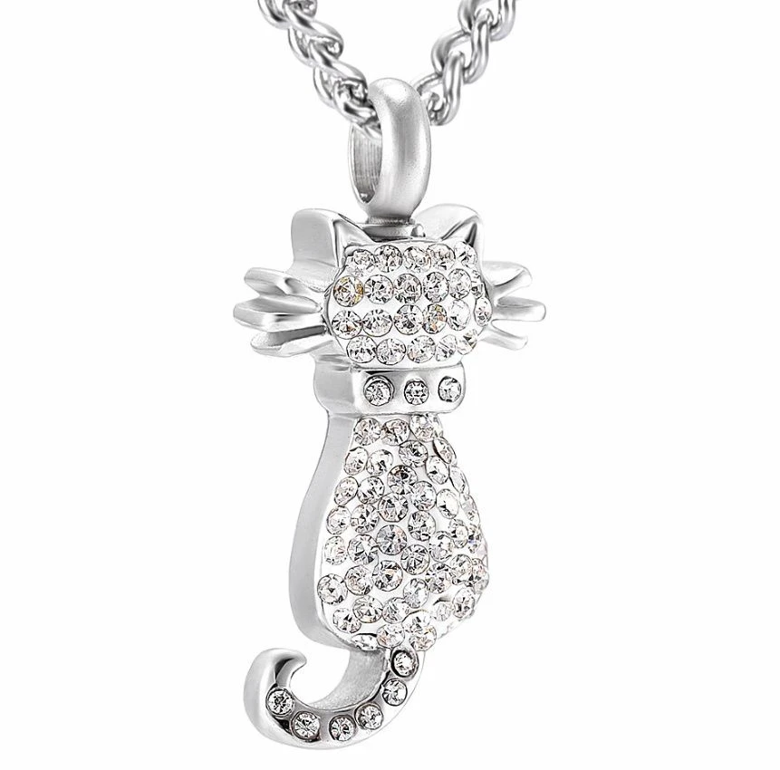 Crystal Cat - Stainless Steel Cremation Ashes Jewellery Urn Pendant 2 Crystal Cat - Stainless Steel Cremation Ashes Jewellery Urn Pendant