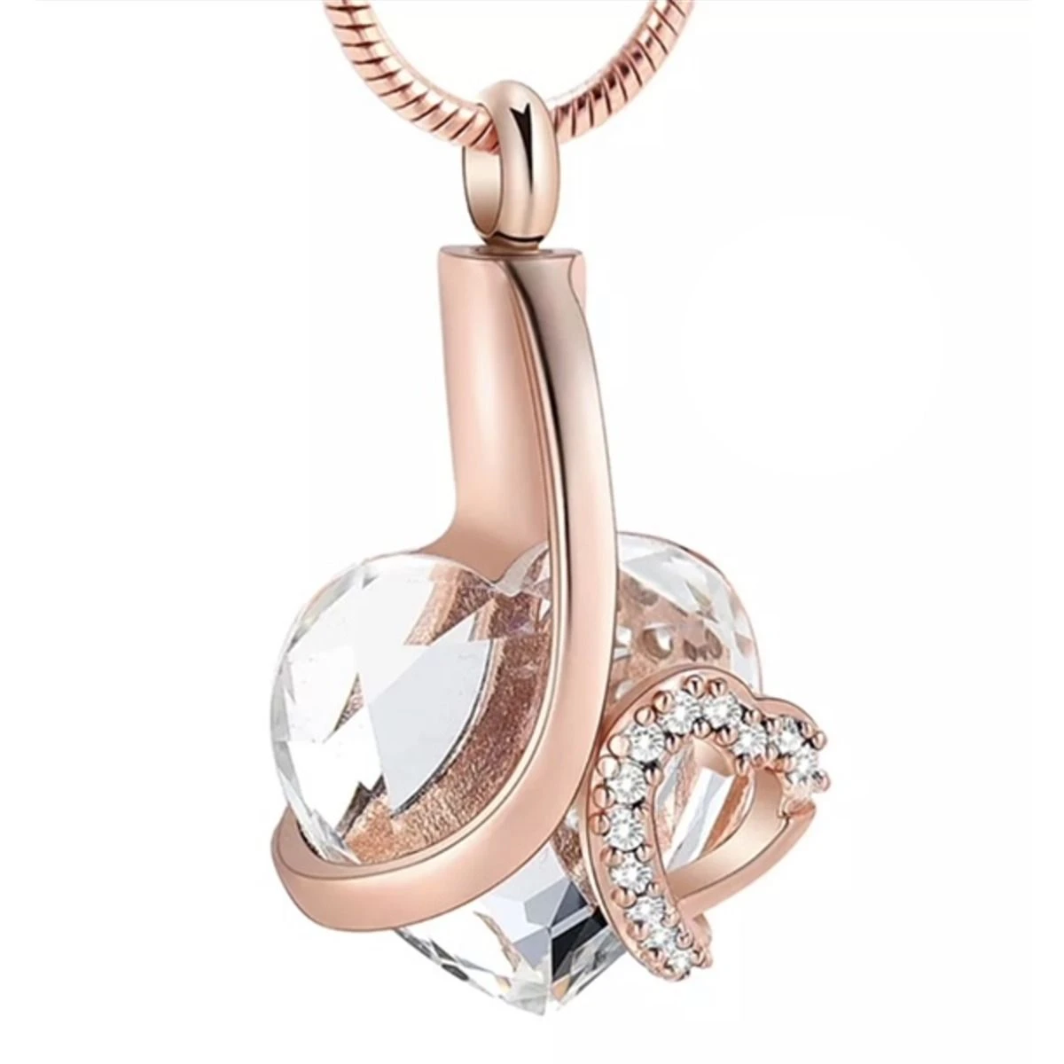 Crystal Clear Heart -Rose Gold Stainless Steel Cremation Ashes Jewellery Urn Pendant 3 Crystal Clear Heart -Rose Gold Stainless Steel Cremation Ashes Jewellery Urn Pendant