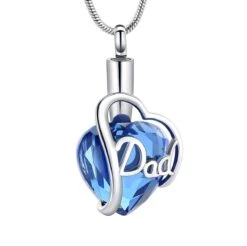 Crystal Blue Topaz Dad - Stainless Steel Cremation Ashes Jewellery Urn Pendant