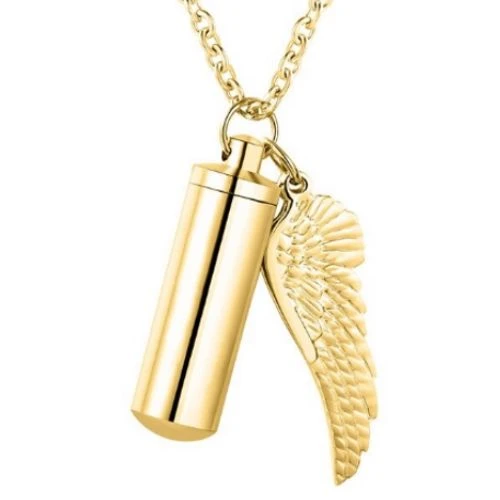 Cylinder Wing Charm Gold - Stainless Steel Cremation Ashes Pendant 3 Cylinder Wing Charm Gold - Stainless Steel Cremation Ashes Pendant