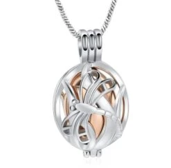 Dragonfly Rose Oval Urn Locket - Stainless Steel Cremation Ashes Jewellery Urn Pendant