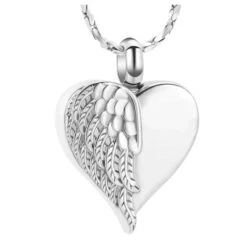 Feathered Wing Heart -Stainless Steel Cremation Ashes Jewellery Urn Pendant