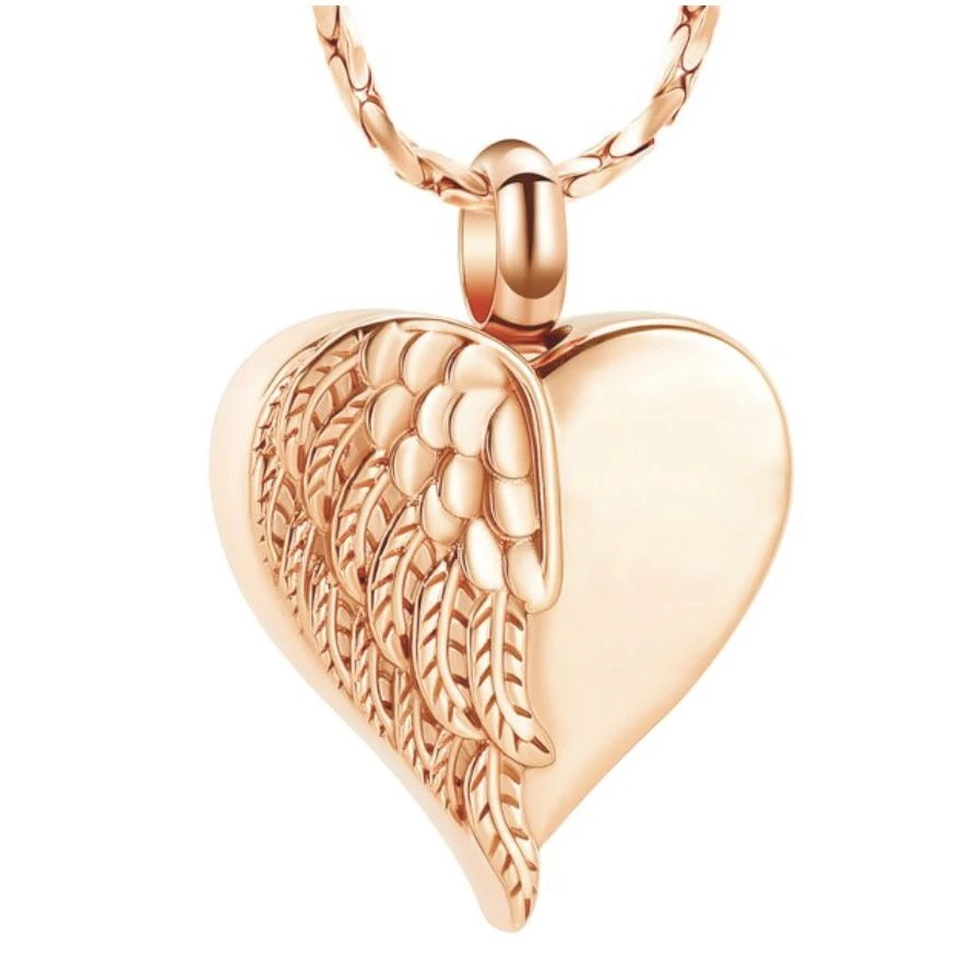 Feathered Wing Heart Rose Gold -Stainless Steel Cremation Ashes Jewellery Urn Pendant 3 Feathered Wing Heart Rose Gold -Stainless Steel Cremation Ashes Jewellery Urn Pendant