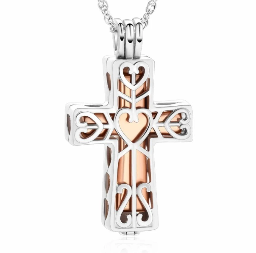 Filigree Rose Locket Cross - Stainless Steel Cremation Ashes Jewellery Urn Pendant 3 Filigree Rose Locket Cross - Stainless Steel Cremation Ashes Jewellery Urn Pendant