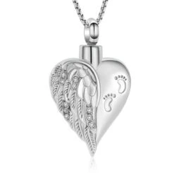 Footprint Wing Heart -Stainless Steel Cremation Ashes Jewellery Memorial Pendant