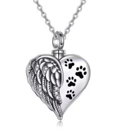 Pawprint Winged Heart -Stainless Steel Cremation Ashes Jewellery Urn Pendant