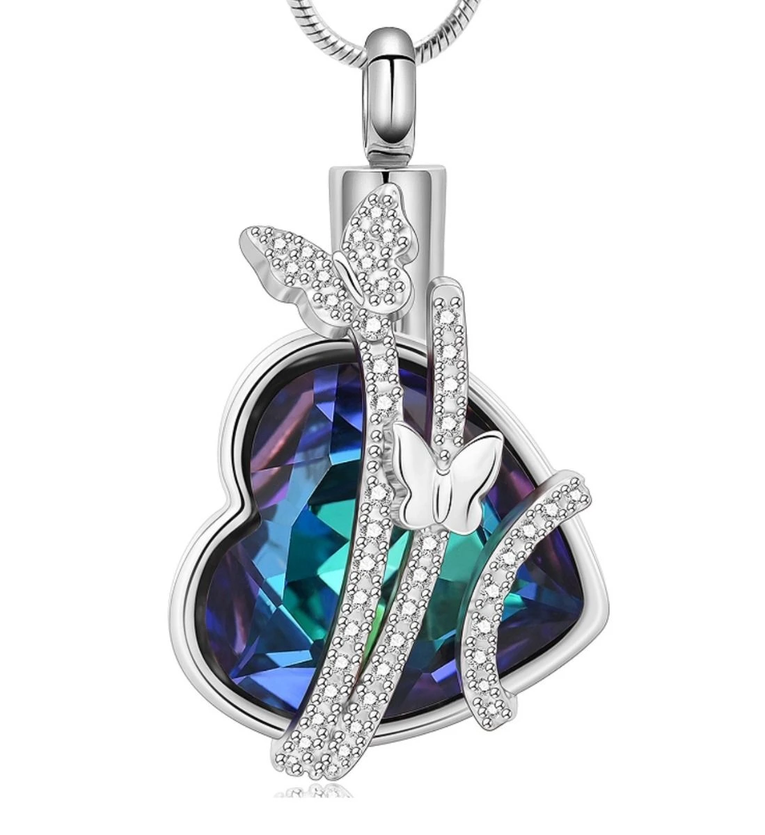 Iridescent Butterfly Blue Heart -Stainless Steel Cremation Ashes Jewellery Urn Pendant 3 Iridescent Butterfly Blue Heart -Stainless Steel Cremation Ashes Jewellery Urn Pendant