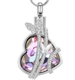 Iridescent Butterfly Pink Heart -Stainless Steel Cremation Ashes Jewellery Urn Pendant