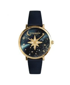Olivia Burton Celestial Nova Slim Gold & Sapphire Blue Leather Strap Watch