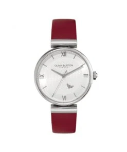Olivia Burton Minima Bee T-Bar Silver & Cranberry Leather Strap Watch