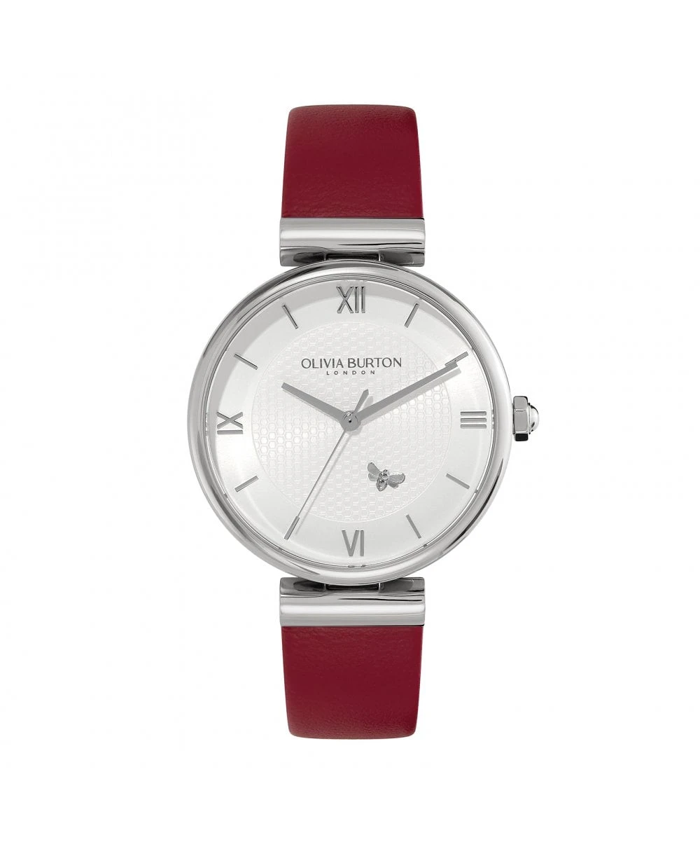 Olivia Burton Minima Bee T-Bar Silver & Cranberry Leather Strap Watch 3 Olivia Burton Minima Bee T-Bar Silver & Cranberry Leather Strap Watch