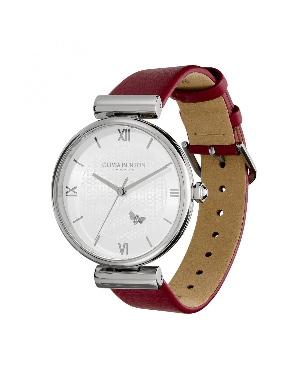 Olivia Burton Minima Bee T-Bar Silver & Cranberry Leather Strap Watch 4 Olivia Burton Minima Bee T-Bar Silver & Cranberry Leather Strap Watch - Image 2