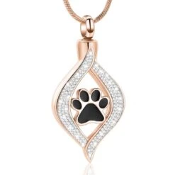 Teardrop Ribbon Paw Rose Gold - Stainless Steel Cremation Ashes Memorial Pendant
