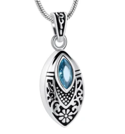 Aquamarine Flower Teardrop - Stainless Steel Cremation Ashes Jewellery Pendant