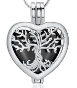 Tree Of Life Heart Locket -Black Stainless Steel Cremation Ashes Jewellery Urn Pendant