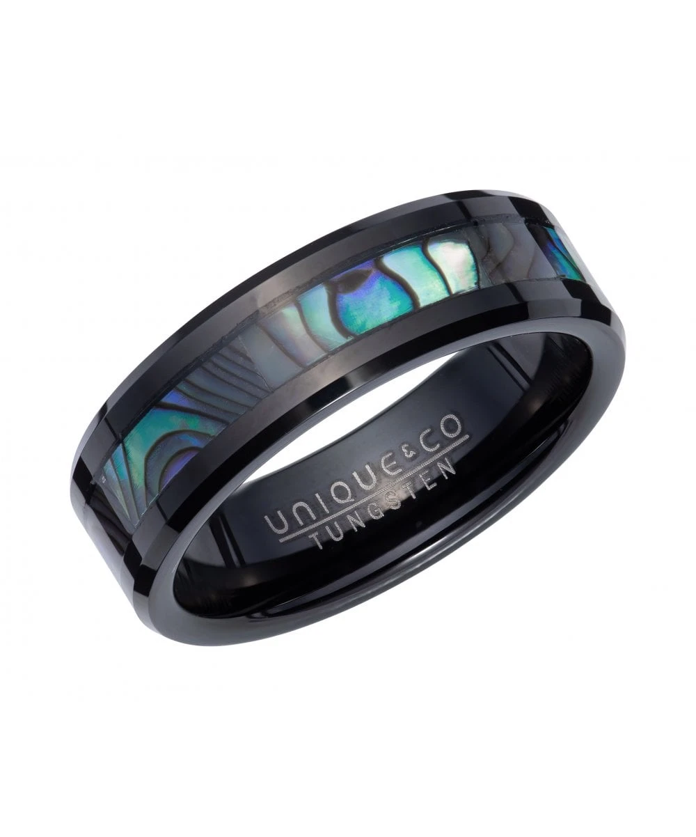 Unique & Co Tungsten 7mm Black & Abalone Shell InlayRing - TUR-135 3 Unique & Co Tungsten 7mm Black & Abalone Shell InlayRing - TUR-135