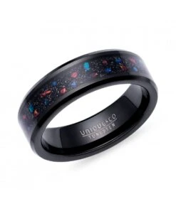 Unique & Co Tungsten 7mm Black Ring With Black & Red Stone Centre - TUR-161