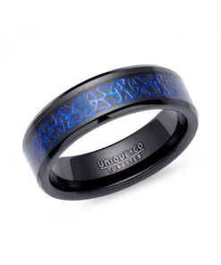 Unique & Co Tungsten 7mm Black Ring With Blue Celtic Design Centre - TUR-154