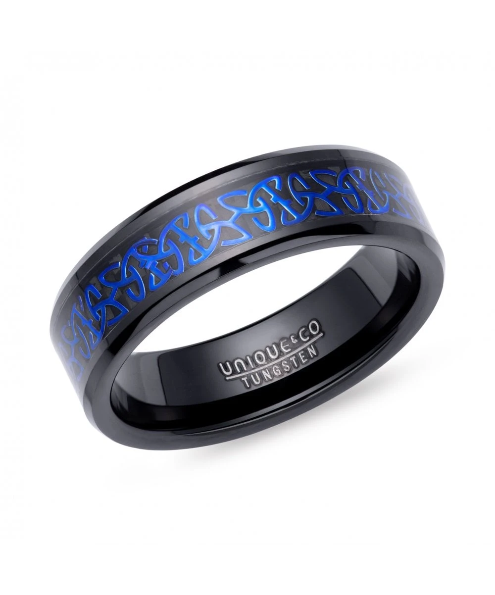 Unique & Co Tungsten 7mm Black Ring With Blue Celtic Design Centre - TUR-154 3 Unique & Co Tungsten 7mm Black Ring With Blue Celtic Design Centre - TUR-154