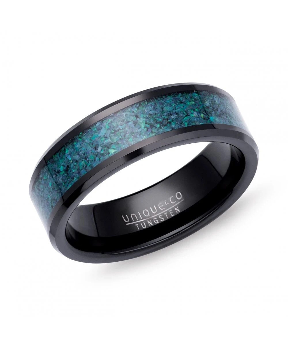 Unique & Co Tungsten 7mm Black Ring With Blue Opal Replica Inlay - TUR-177 3 Unique & Co Tungsten 7mm Black Ring With Blue Opal Replica Inlay - TUR-177
