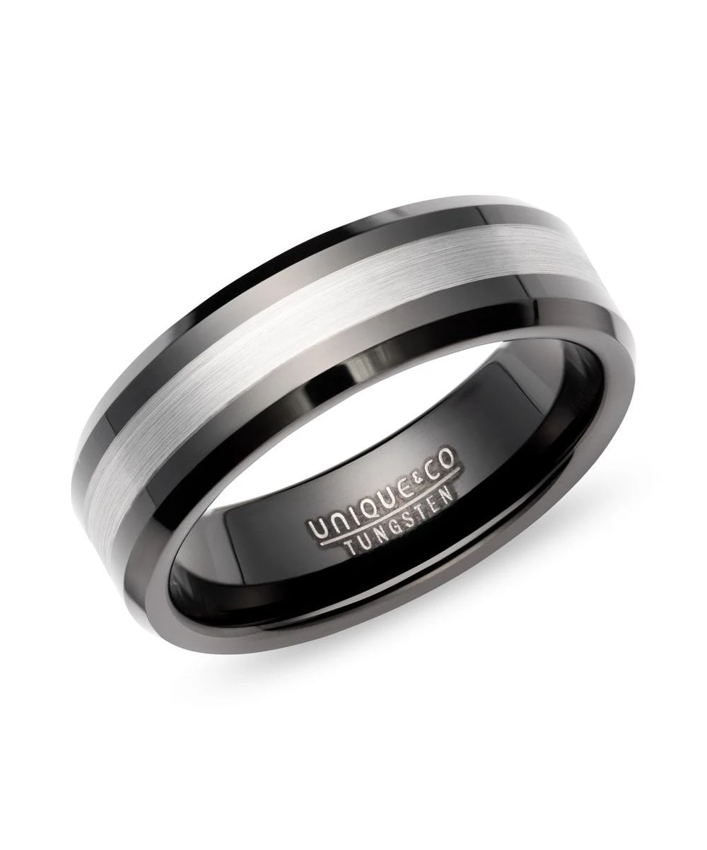Unique & Co Tungsten 7mm Black & Silver Ring - TUR-195 3 Unique & Co Tungsten 7mm Black & Silver Ring - TUR-195