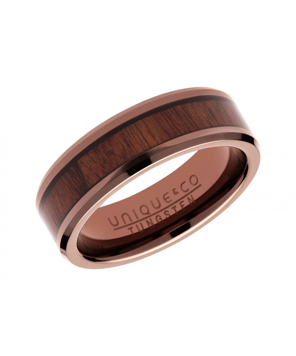 Unique & Co Tungsten 7mm Flat Court Brown & Wood InlayRing - TUR-101 3 Unique & Co Tungsten 7mm Flat Court Brown & Wood InlayRing - TUR-101