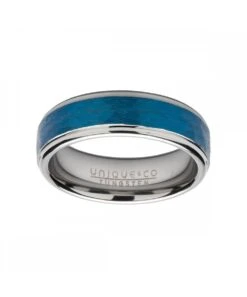 Unique & Co Tungsten 7mm Hammered Blue & Silver Finish Ring - TUR-117