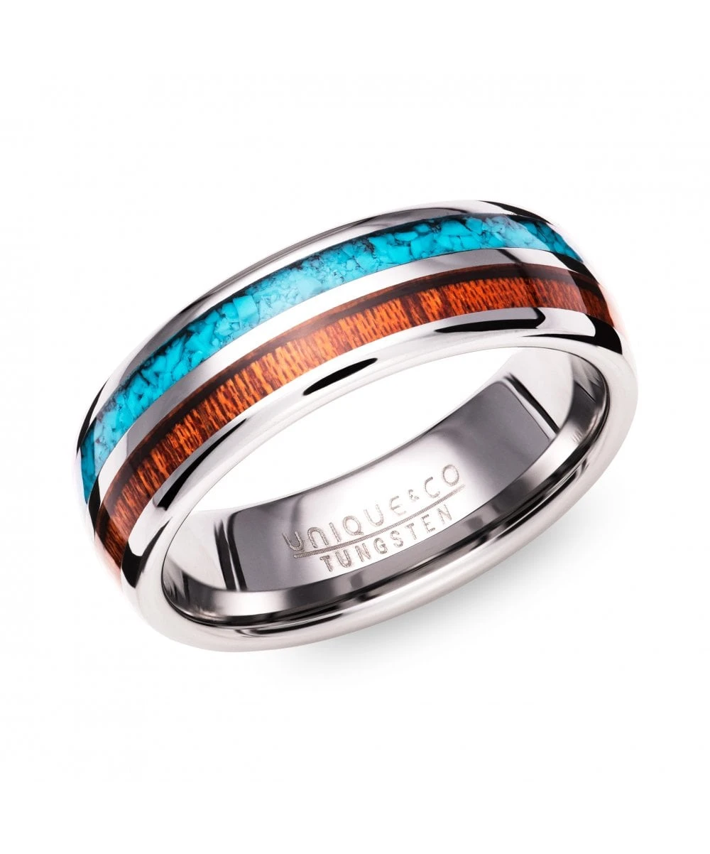 Unique & Co Tungsten 7mmRing With Wood & Turquoise Inlay - TUR-147 3 Unique & Co Tungsten 7mmRing With Wood & Turquoise Inlay - TUR-147