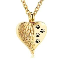 Pawprint Winged Heart -Gold Stainless Steel Cremation Ashes Jewellery Urn Pendant