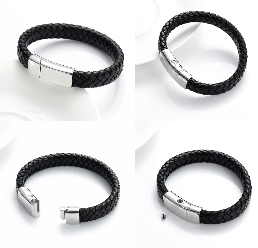 Woven Black Leather Bracelet - Stainless Steel Cremation Ashes Jewellery 6 Woven Black Leather Bracelet - Stainless Steel Cremation Ashes Jewellery - Image 4